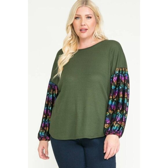 Plus Size Olive Knit Top With Multicolor Floral Balloon Sleeves 2X - Picture 1 of 1
